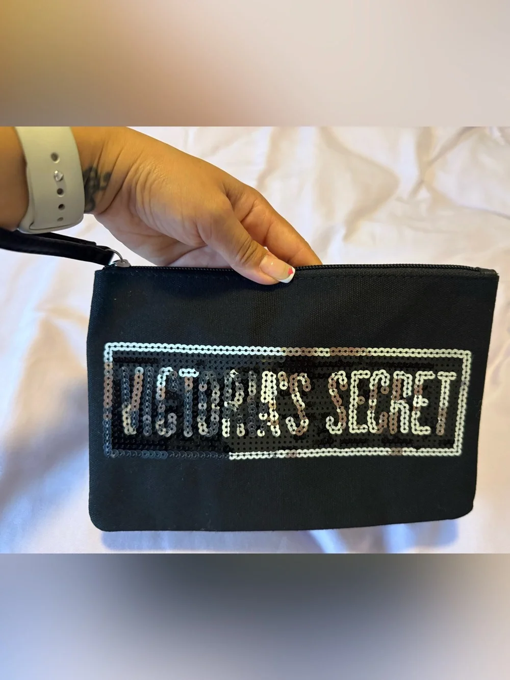 NWT Victoria's Secret Black Cosmetic Bag/Beach Pouch with Silver Sequin Logo